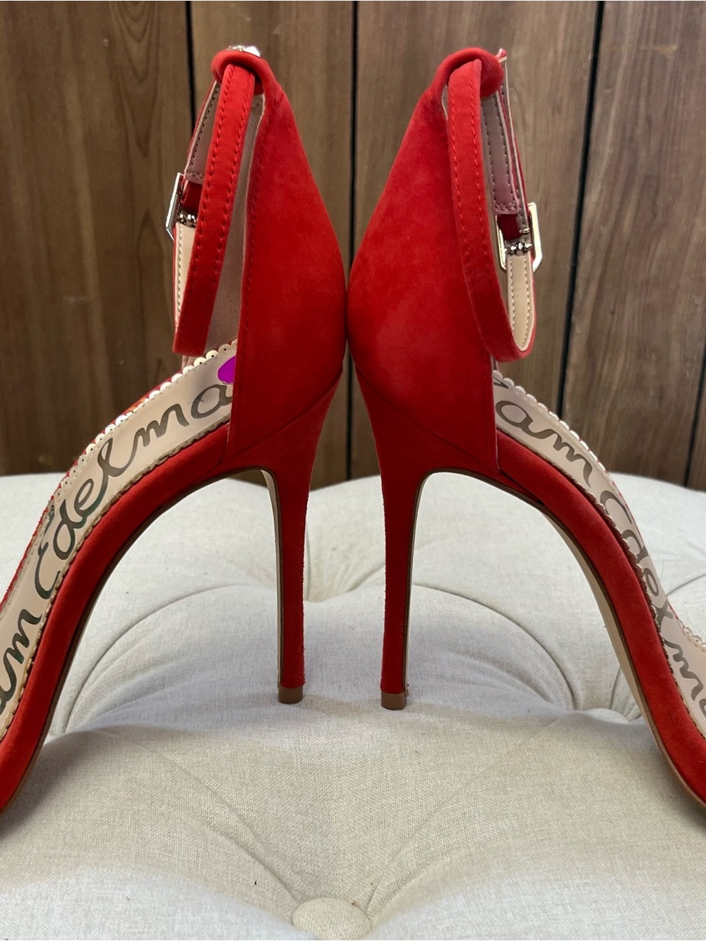 Awesome Sam Edelman Red Suede Ankle Strap Stiletto Sandals Sz. 8.5